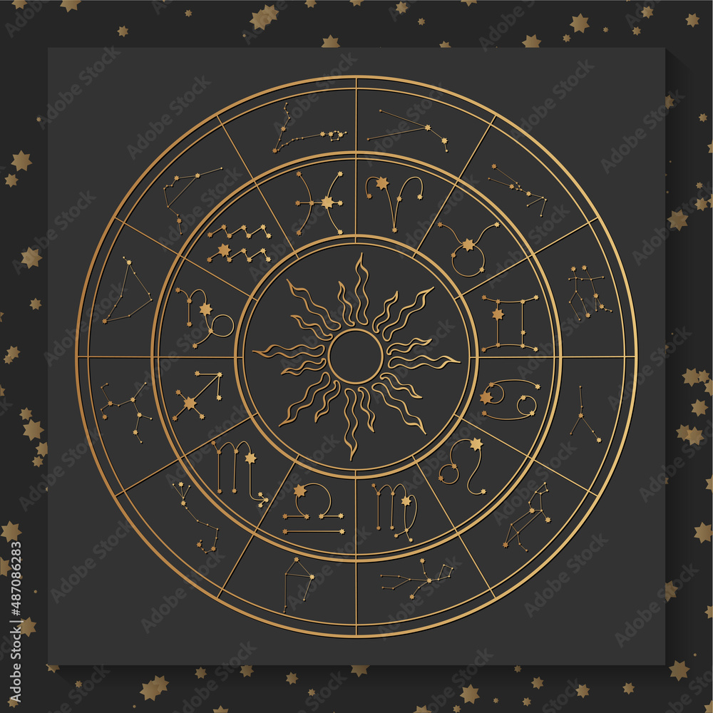 Gold Zodiac wheel on dark square background. Astrological constellation wheel, zodiac horoscope signs, mystical natal chart, wheel sky zodiac map. Vector illustration - obrazy, fototapety, plakaty 