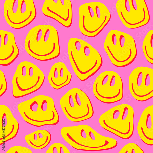 Cool Trendy Groovy Smile Seamless Pattern. Funky Positive Background. Y2K aesthetic.