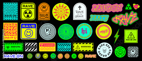 Cool Rave On Stickers Vector Set. Trendy Acid Smile Patches.