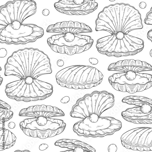 Seamless decorative pattern with pearls in shells, sketch vector illustration.