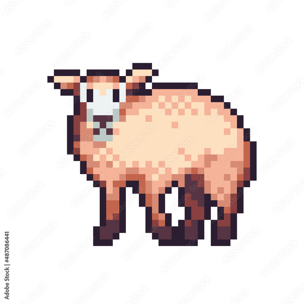 Fototapeta premium Farm sheep pixel art icon. Fluffy fur animal logo. Game development, mobile app. 8-bit sprite. Isolated vector illustration