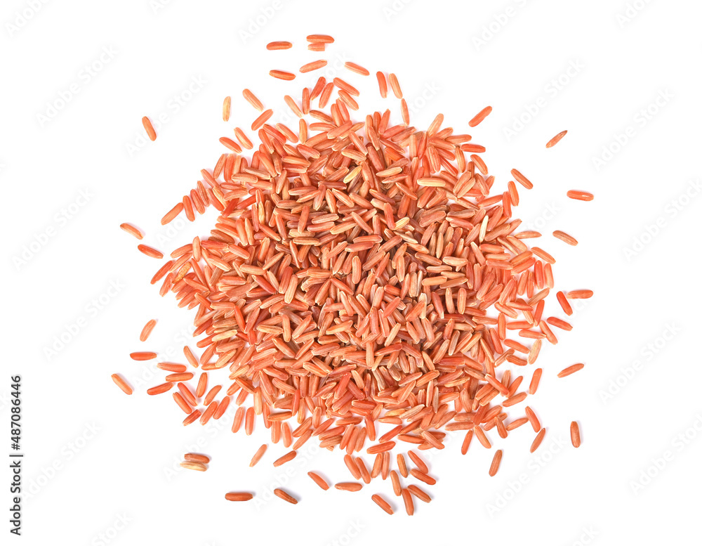 Organic Red Jasmine Rice on white background. Top view. Organic Red Jasmine Rice on white background. Top view.