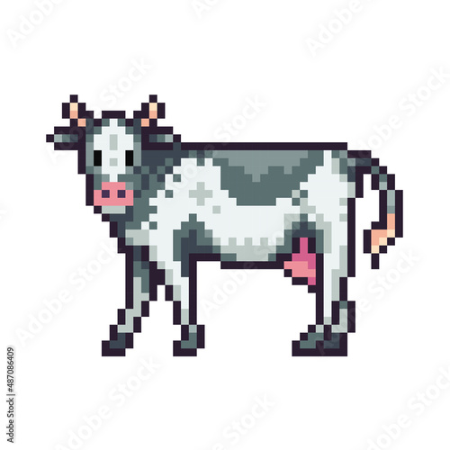 Standing cow pixel art icon. Milking country animal. Farm character logo. Game development, mobile app. 8-bit sprite. Isolated vector illustration