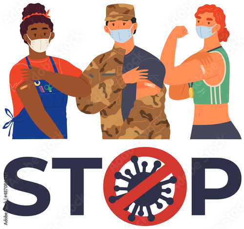 Stop coronavirus agitation concept. Vaccination promo, immunization of workers. Vaccine saves lives. People wearing protective mask showing their arm with bandage after receiving covid-19 vaccine