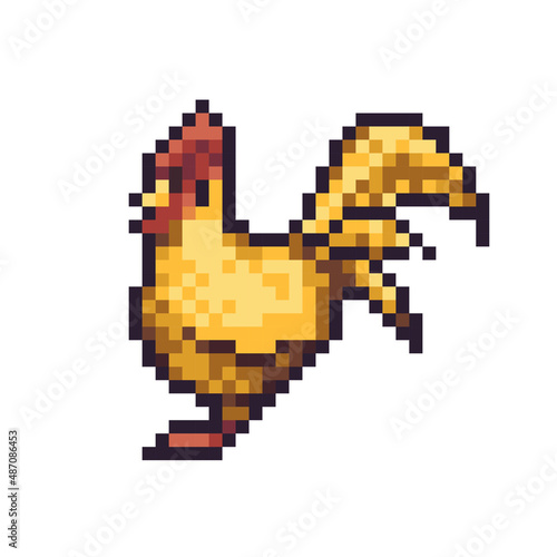 Standing rooster pixel art icon. Chicken  farm bird. Country character logo. Game development  mobile app. 8-bit sprite. Isolated vector illustration