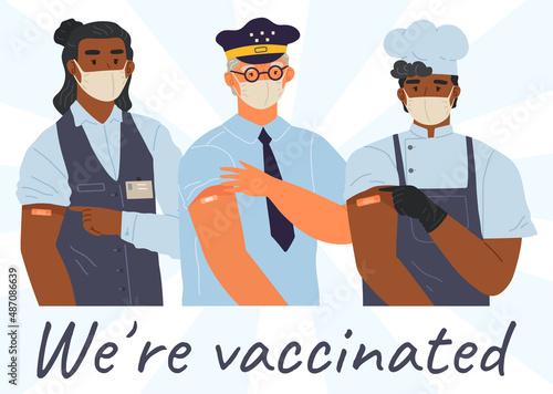 Stop coronavirus agitation concept. Vaccination promo, immunization of workers. Vaccine saves lives. People wearing protective mask showing their arm with bandage after receiving covid-19 vaccine