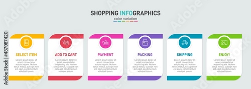 Concept of shopping process with 6 successive steps. Six colorful graphic elements. Timeline design for brochure, presentation, web site. Infographic design layout.