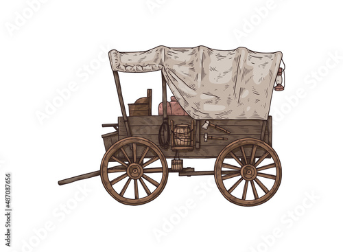 Covered wagon with shafts drawn by horses, sketch vector illustration isolated.