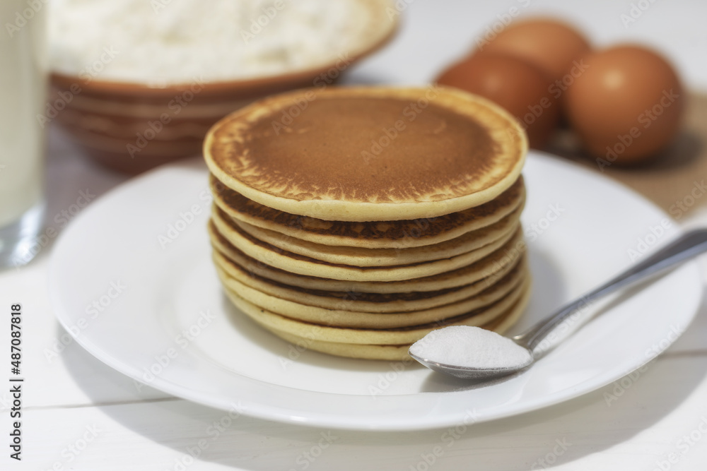 Pancakes with ingredients: flour, eggs, milk, soda Pancakes with ingredients: flour, eggs, milk, soda