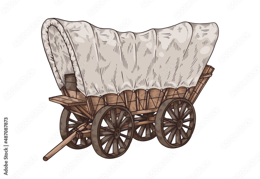 Vintage wooden wagon or carriage in western sketch style, vector illustration isolated on white background. - obrazy, fototapety, plakaty 