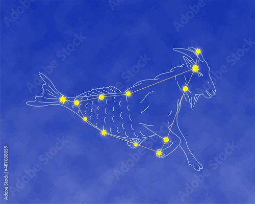 やぎ座の線画と星の配置、明るい夜空