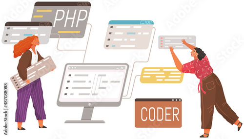 Programmer engineering and coding. Coder programmers working on web development on computer. Concept of script coding and programming in php, javascript, python, other languages. Software developers