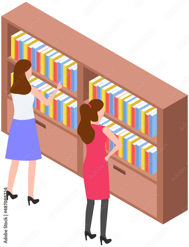 Student taking book at library vector icon bookcase. Female person study at school, college or university reading room. Girl at bookstore standing near bookshelf with stacks of books isolated on white