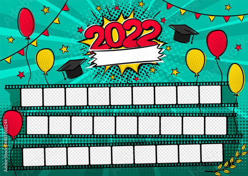 Photo frame for class of 2022 in pop art style. A photo album for a graduating class or community. Vector Template for the design of frames for Kindergarten, photographs, posters, cards.