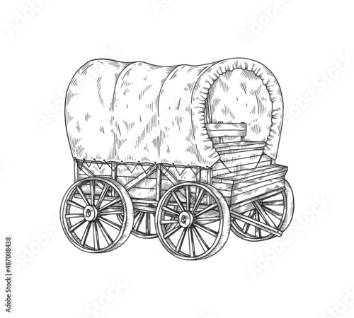 Vintage horse carriage or wagon, sketch engraving vector illustration isolated.