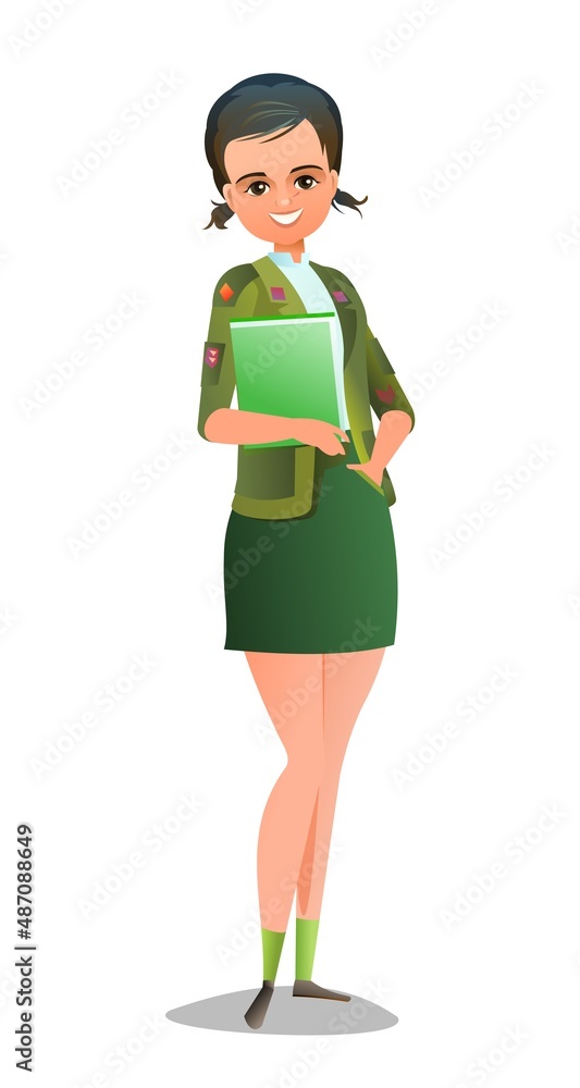 Pretty little girl in scout uniform with badges. Cheerful girl. Standing pose. Cartoon flat design in comic style. Single character. Illustration isolated on white background. Vector Pretty little girl in scout uniform with badges. Cheerful girl. Standing pose. Cartoon flat design in comic style. Single character. Illustration isolated on white background. Vector
