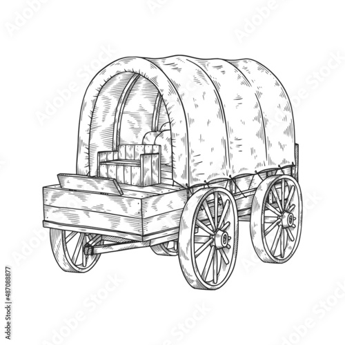 Old western cart with monochrome engraving, sketch vector illustration isolated on white background.