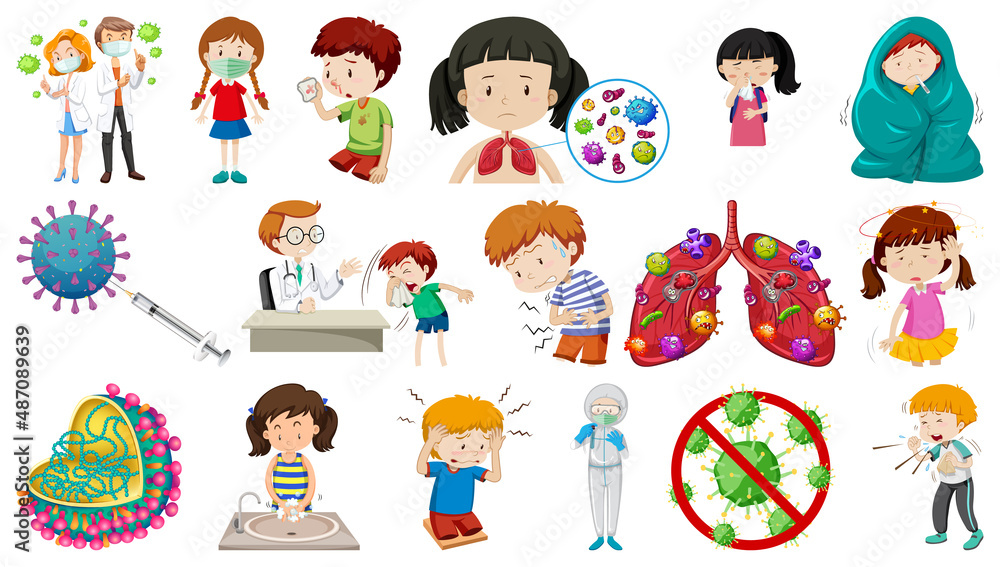 Set of sick people with different symptoms Set of sick people with different symptoms