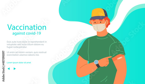 Stop coronavirus agitation concept. Vaccination promo, immunization of workers. Vaccine saves lives. People wearing protective mask showing their arm with bandage after receiving covid-19 vaccine