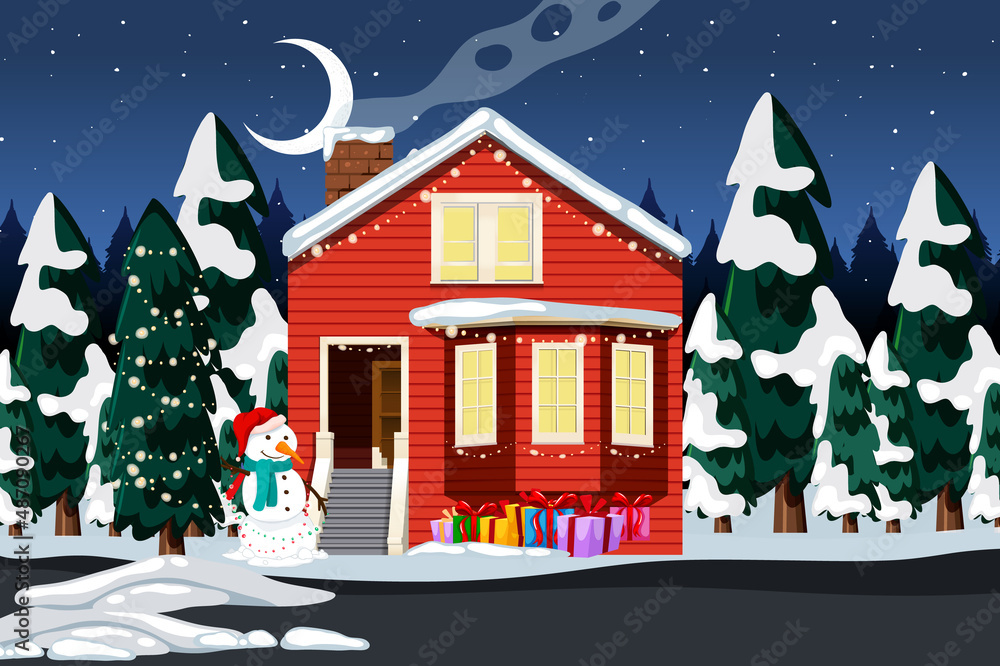 Outdoor Christmas house at night scene