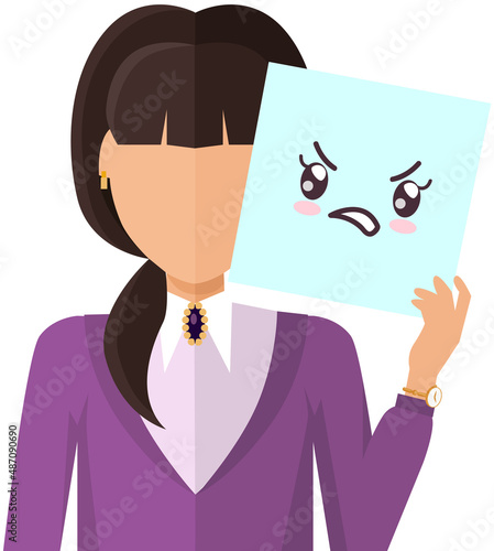 Woman holding picture of cute kawaii disgruntled face. Manga style eyes and mouths. Funny japanese positive facial expression. Eastern kawaii anime culture elements. Lady shows angry emotion