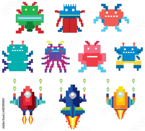 Set of pixel game monster characters isolated © blueringmedia