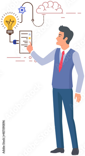 Man with logical, analytical, strategic, structural thinking mental mindset type. Mind behavior, mental perceiving, psychological concept with businessman and scheme, male with technical mindset