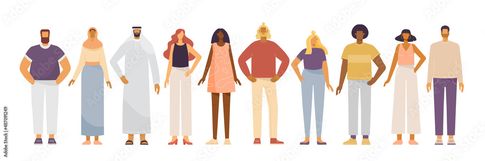 Obraz premium Collection of cartoon characters. Young men in casual clothes. Multinational group of people: Afro American, Arab, European. Vector illustration in flat design, isolated on white background. 