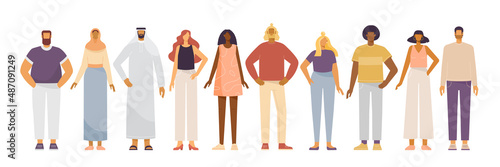Collection of cartoon characters. Young men in casual clothes. Multinational group of people: Afro American, Arab, European. Vector illustration in flat design, isolated on white background. 