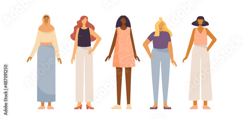 Collection of female characters. Young men in casual clothes. Multinational group of people: Afro American, Arab, European. Vector illustration, isolated on white background. 