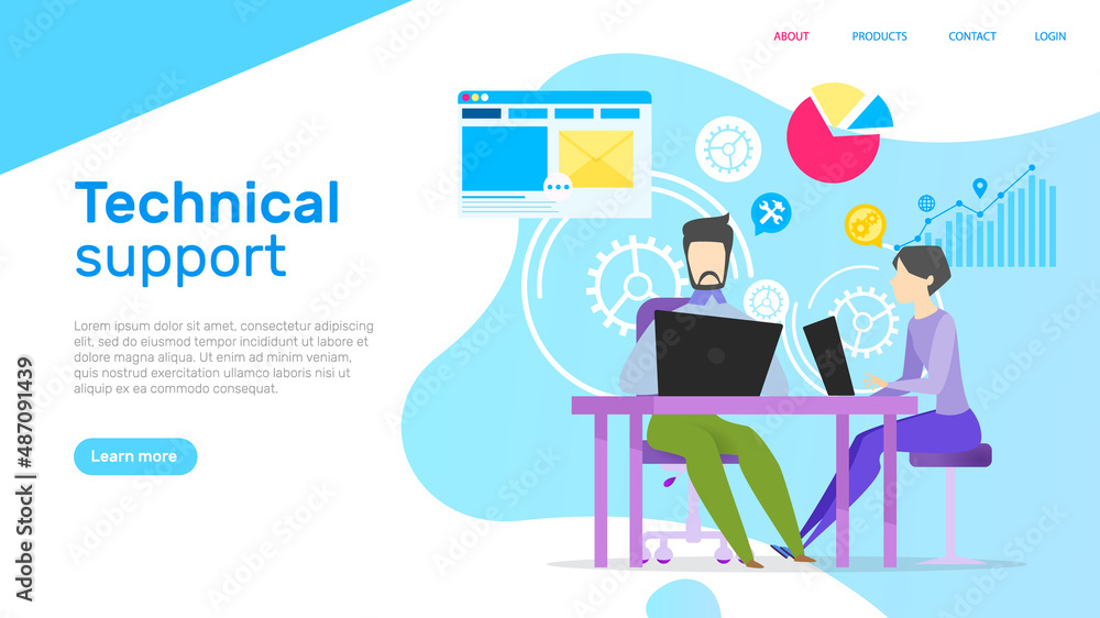 Technical support people working with customer base. Online communication clients, assistance with charts diagrams statistics, brainstorming workers. Website or webpage template landing page in flat