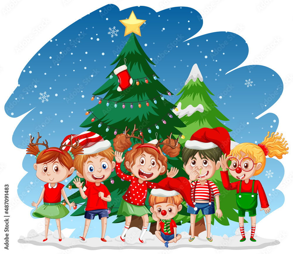 Christmas day with happy children and Christmas tree Christmas day with happy children and Christmas tree