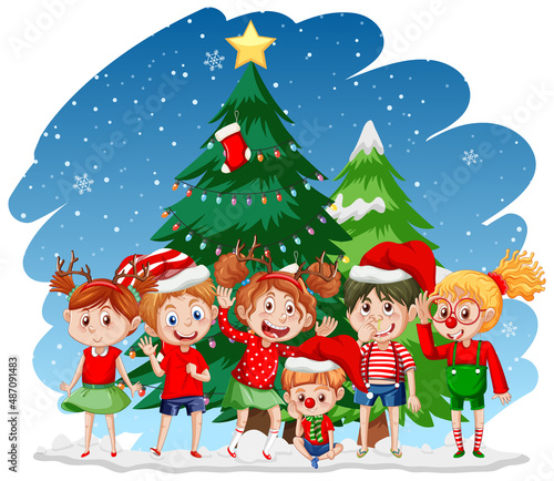 Christmas day with happy children and Christmas tree