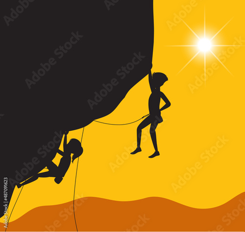Flat silhouette rock climbing in nature background