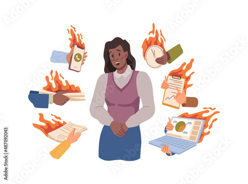 Stressed and busy worker given urgent work, deadline of projects. Vector female personage shy and sad, confused woman multitasking and managing company, running business. Flat cartoon characters