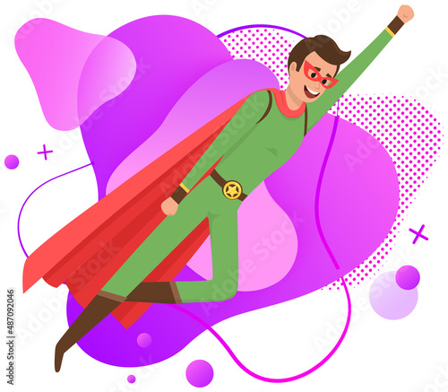 Strong super man smiles and flies to save world stretched out his hand. Brave character in superhero costume with cloak on white background. Cartoon person hurries to protects people from villains