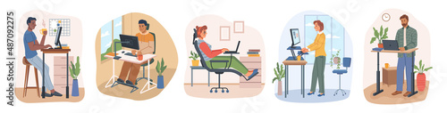 Comfortable office, home workspace with adjustable tables and desks. Vector people working on computer and laptop, sitting in chair and standing. Spine health of employees. Flat cartoon characters set photo