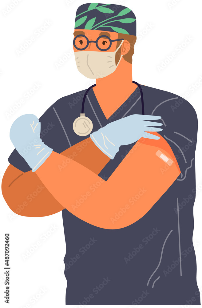 Doctor man wearing protective mask showing his arm with bandage after receiving covid-19 vaccine. Concept of vaccination, health, immunization, healthcare, call of fight against coronavirus Doctor man wearing protective mask showing his arm with bandage after receiving covid-19 vaccine. Concept of vaccination, health, immunization, healthcare, call of fight against coronavirus