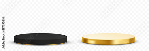 Vector black and gold podium png. Black and gold pedestal on an isolated transparent background. Podium for advertising, podium for products. PNG.
