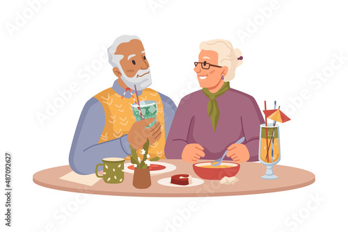 Grandmother and grandfather in restaurant or cafe on date. Vector retired people, wife and husband eating, drinking and talking, sitting pensioners enjoying life. Flat cartoon style characters