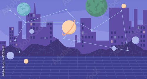 Futuristic city, metaverse town with skyscrapers, planets and celestial bodies. Vector augmented and virtual reality, cyberspace and future networks simulations. Flat cartoon style, illustration