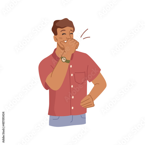 Male personage giggling and covering mouth, isolated man laughing. Vector happy emotional guy wearing stylish clothes. Student showing emotions, expressing good mood. Flat cartoon character
