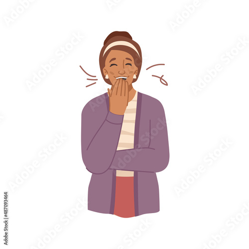 Female personage smiling and having fun. Vector woman laughing and trying to stop giggling, attractive lady covering face with hand. Cheerful and happy girl or student. Flat cartoon character