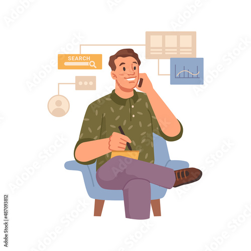 Customer support, helpdesk or hotline operator. Vector business call, manager giving tasks and analyzing projects. Office worker, boss consulting employees over phone. Flat cartoon character