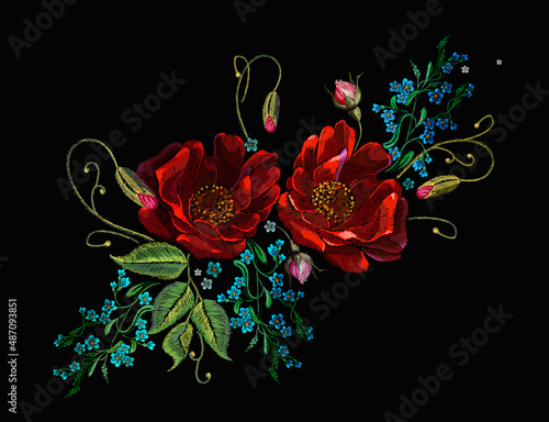 Embroidery blue flowers and red roses. Summer fashion template for clothes, textiles and t-shirt design. Garden art. Botanical illustration