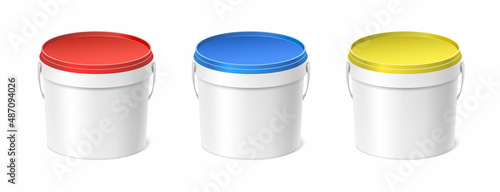 3d realistic vector icon set. Paint plastic bucket with handle with red, blue and yellow lid. Isolated on white background. Top view.