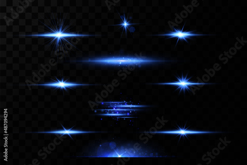 Bright particles, burning blue lights, stars, lasers. Vector.