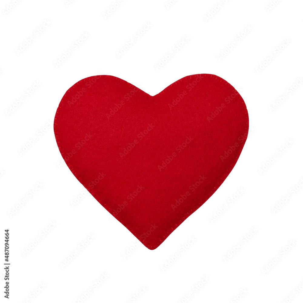 Red felt  heart isolated on white background