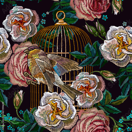 Canvas Print Embroidery birds, golden birds cage, pink and white roses flowers seamless pattern