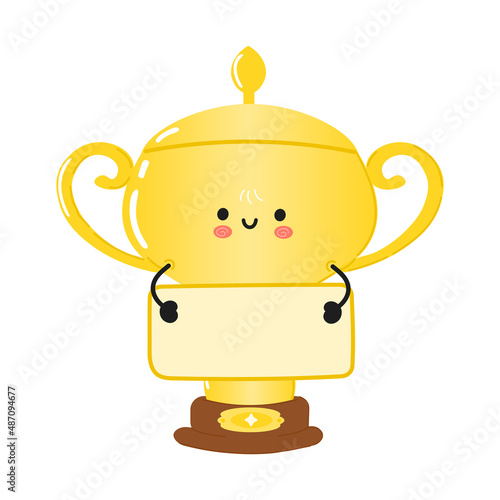 Cute funny golden trophy cup with poster. Vector hand drawn cartoon kawaii character illustration icon. Isolated on blue background. Happy golden trophy cup think concept